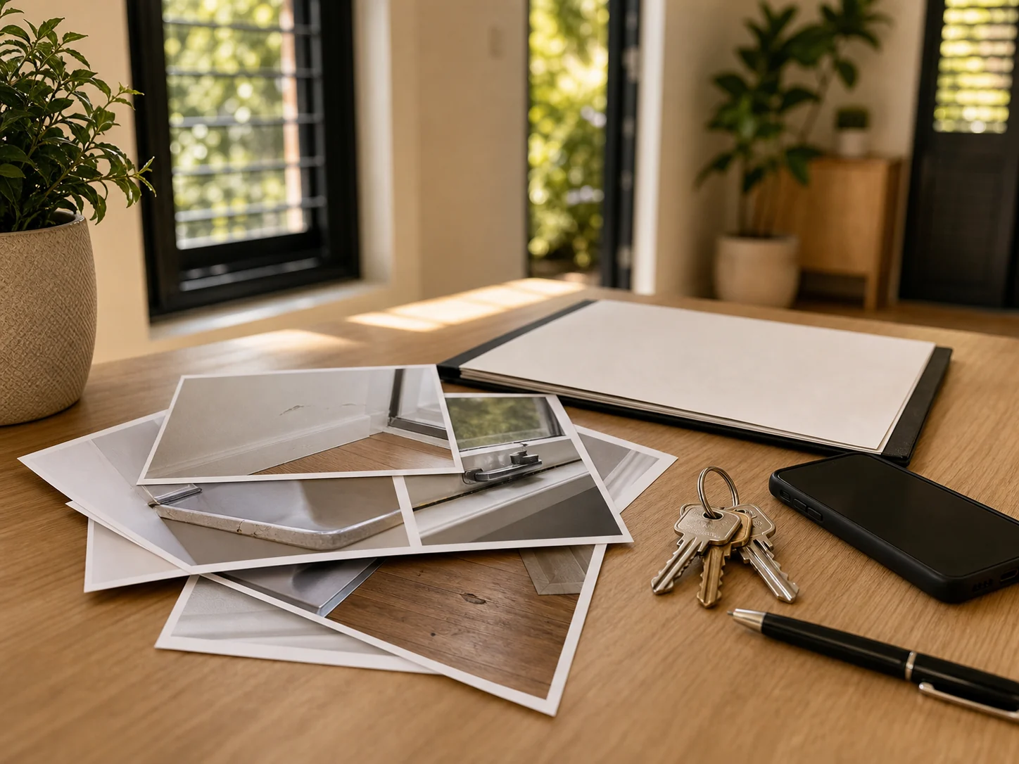 Rental evidence photos with keys, phone, and clock