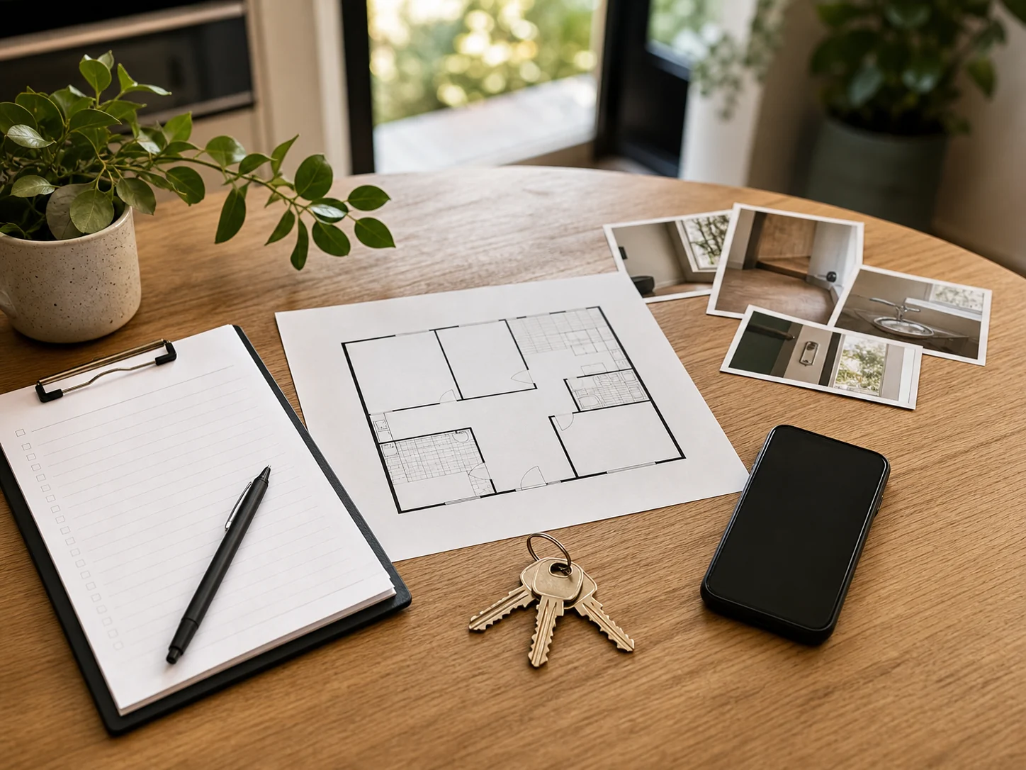 Inspection floor plan, photos, keys, and checklist