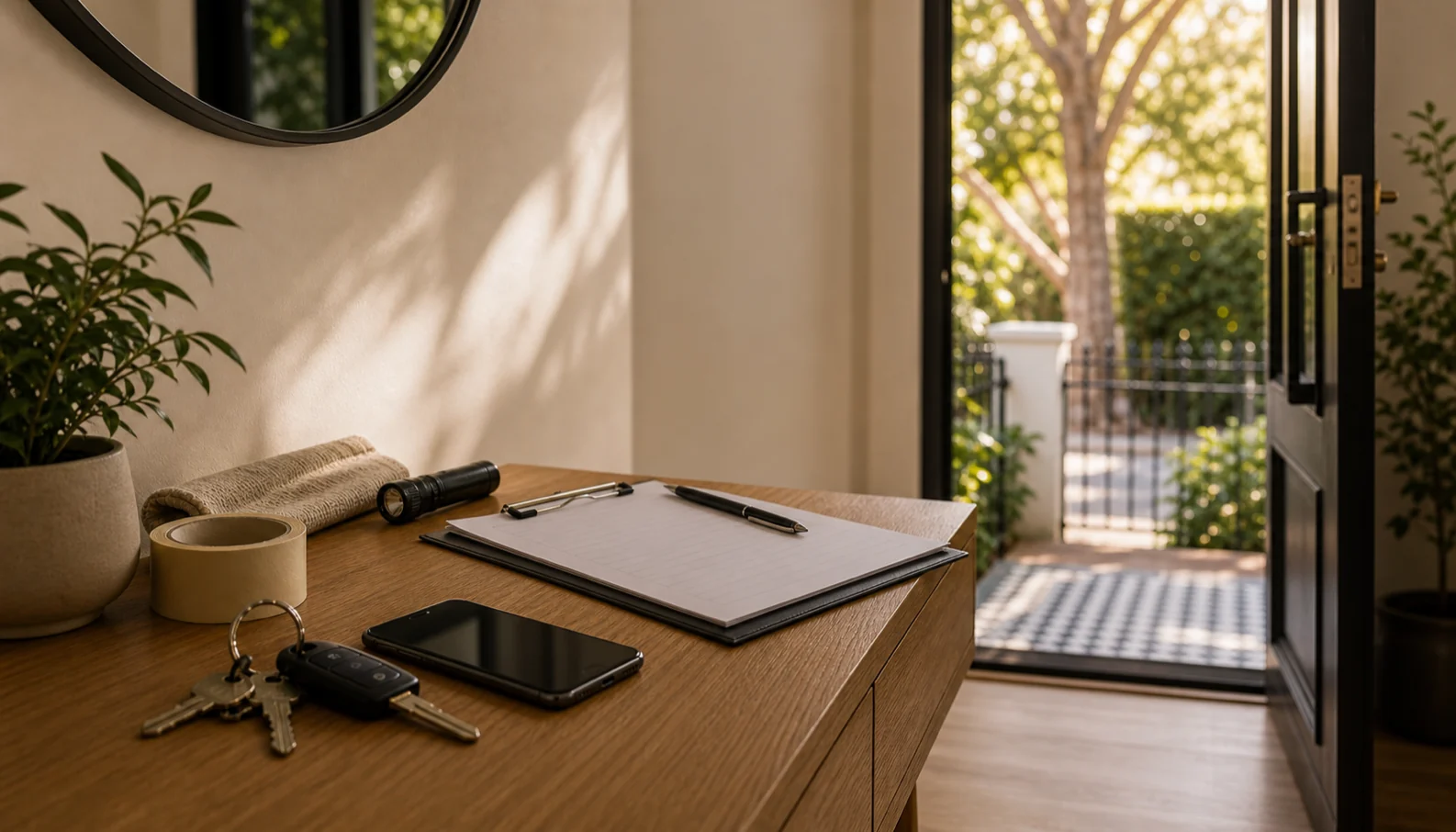 Keys, phone, and inspection checklist near a rental entry