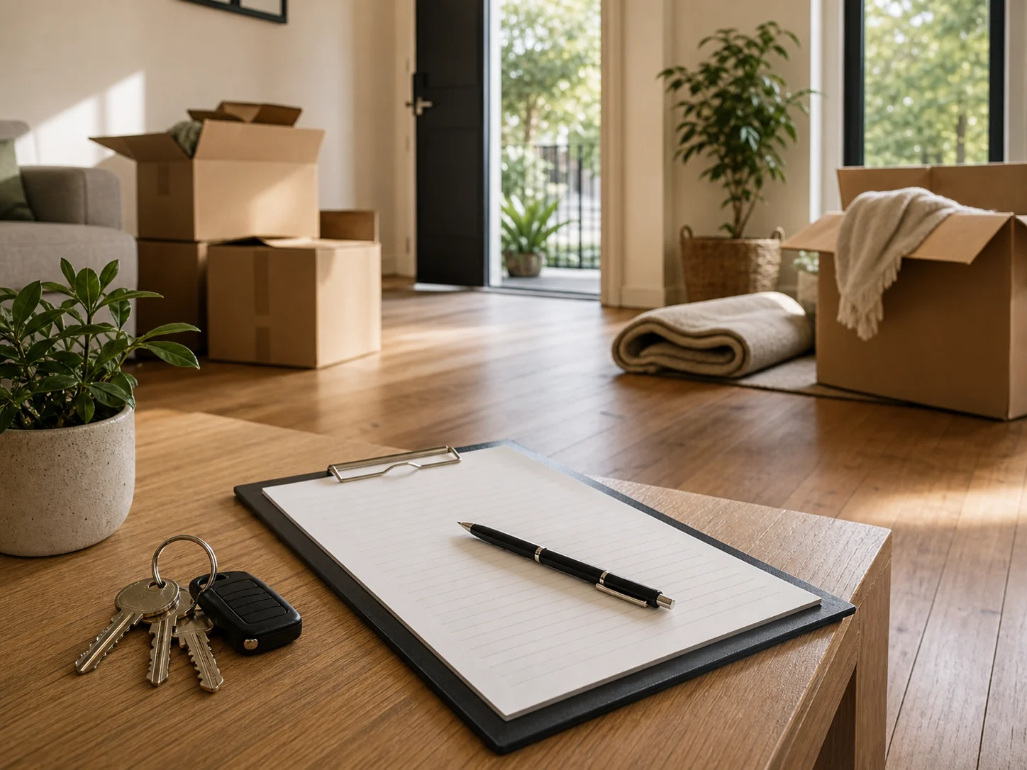 Move-out boxes with keys and inspection clipboard