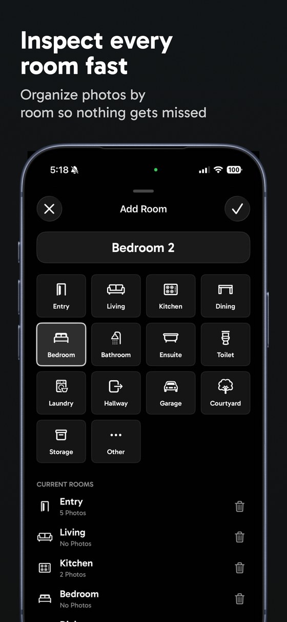 RoomRecord iPhone app screen for adding inspection rooms
